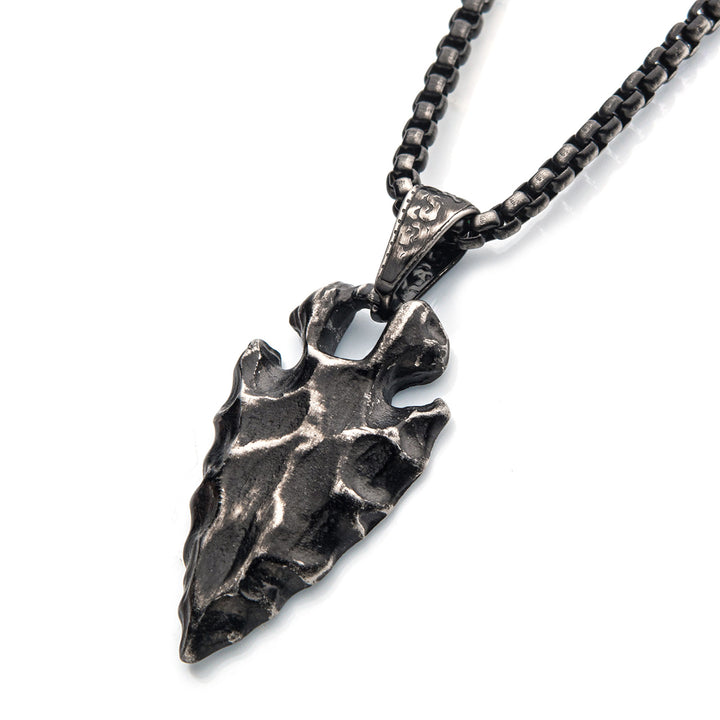 Gun Metal IP Chiseled Arrowhead Pendant with Box Chain