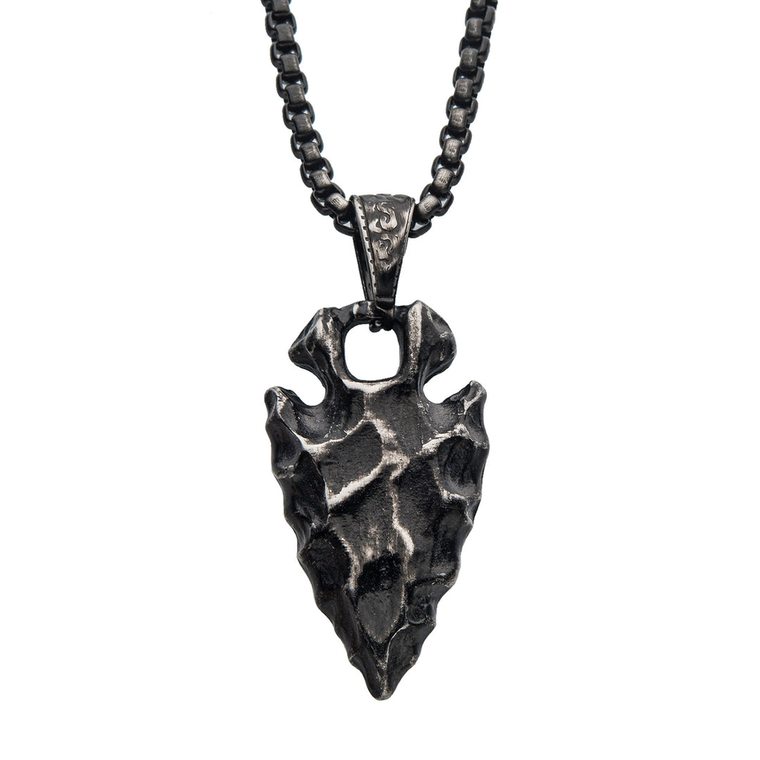 Gun Metal IP Chiseled Arrowhead Pendant with Box Chain