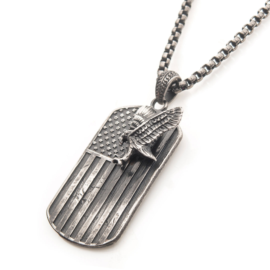 Gun Metal IP Rugged American Flag with Polished Steel 3D Eagle Pendant