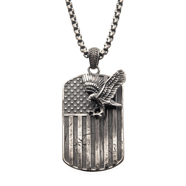 Gun Metal IP Rugged American Flag with Polished Steel 3D Eagle Pendant