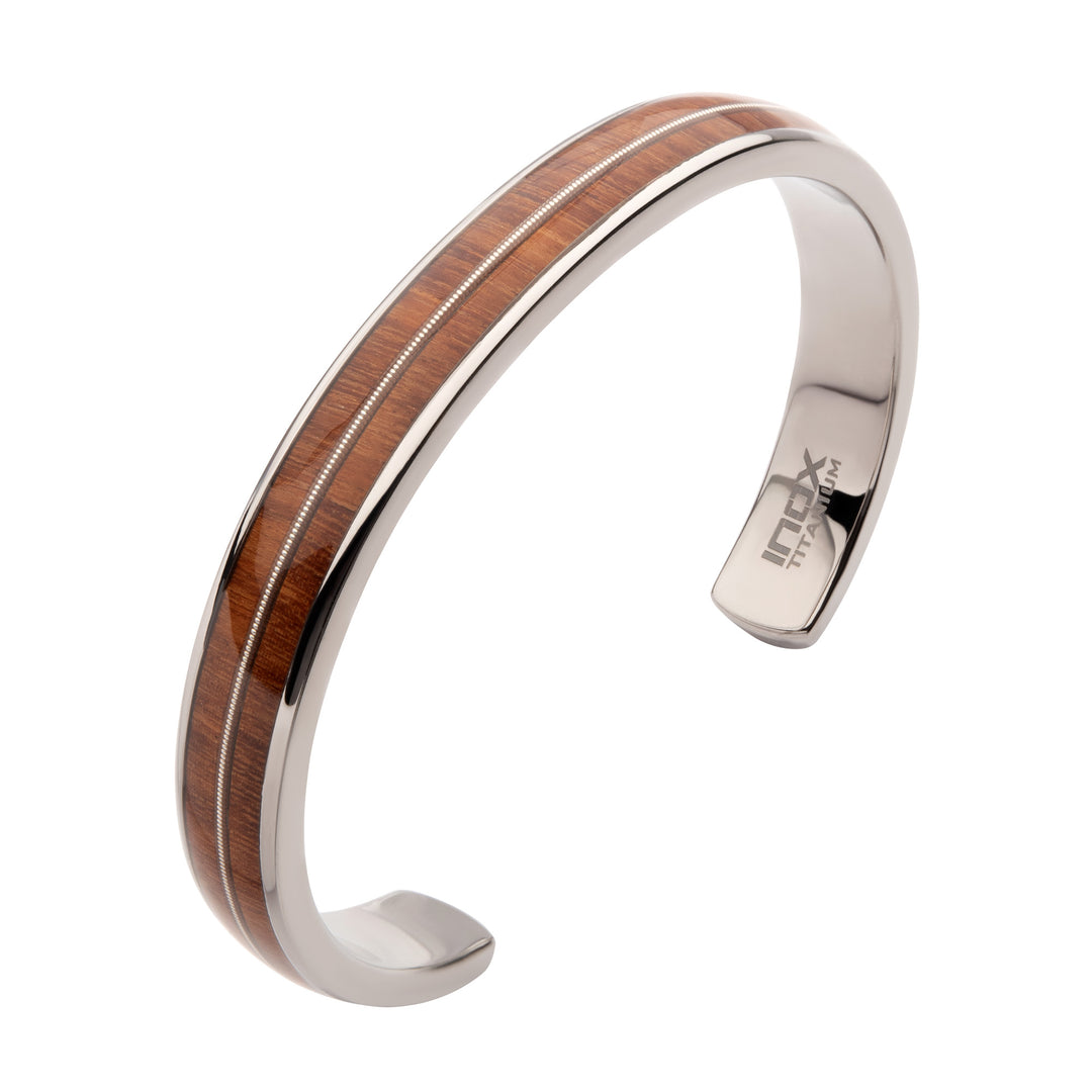 Titanium & Whiskey Barrel Wood Inlay with Embedded Guitar String Cuff Bracelet