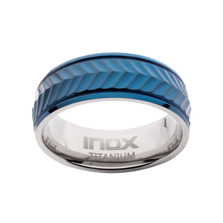 Blue IP Titanium Matte Finish Chevron Comfort Fit Ring