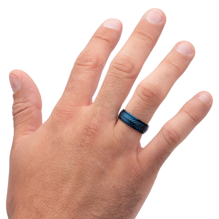 Blue IP Titanium Matte Finish Chevron Comfort Fit Ring