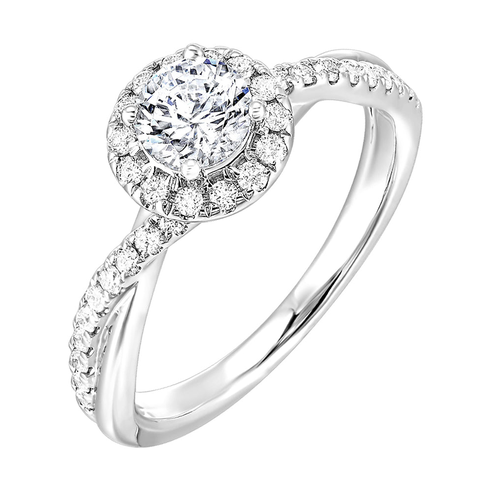 This feminine,  modern diamond halo engagement ring features two strands,  one with metal and one with pave diamonds intertwined in love.