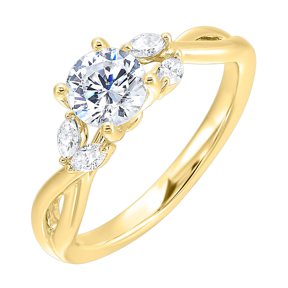 Gorgeous three stone twist engagement ring with added marquise on the shoulders highlights the center further.