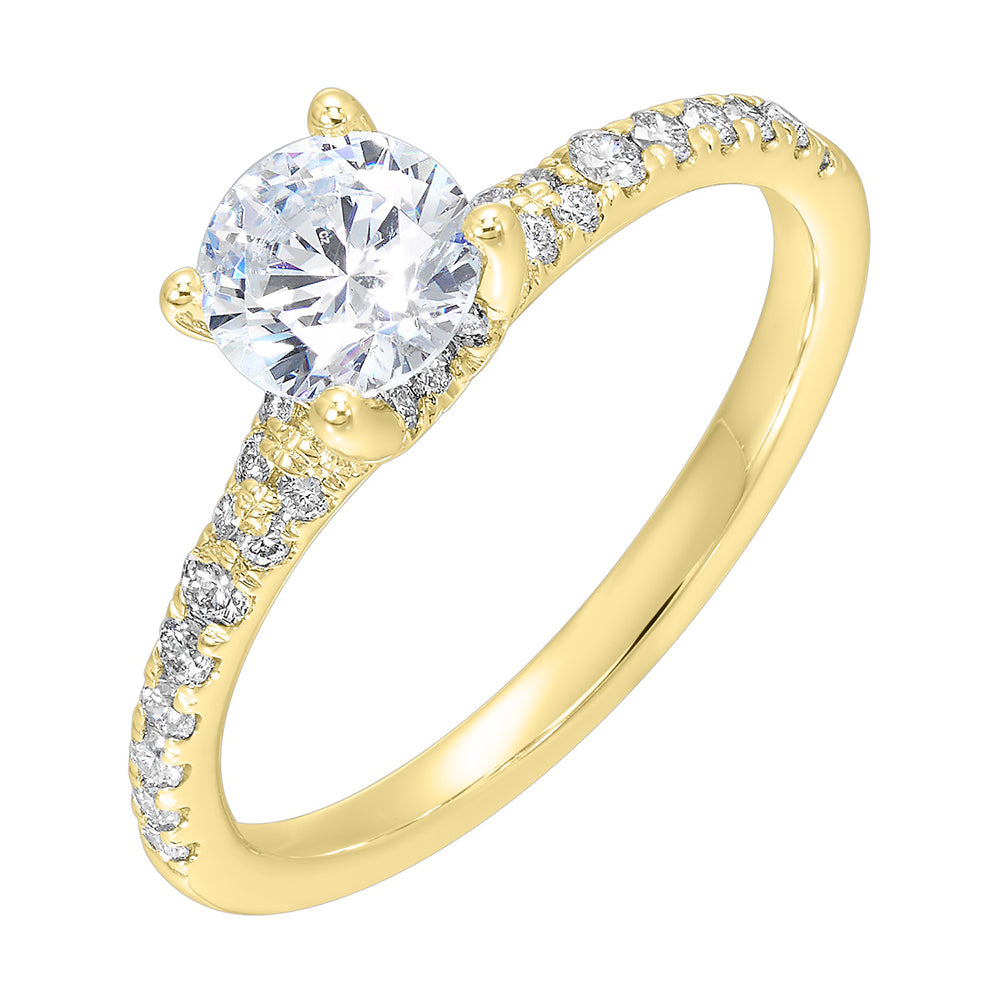 A showcase of sleek tapered pave diamonds enshrines this engagement ring with bigger solitare center.