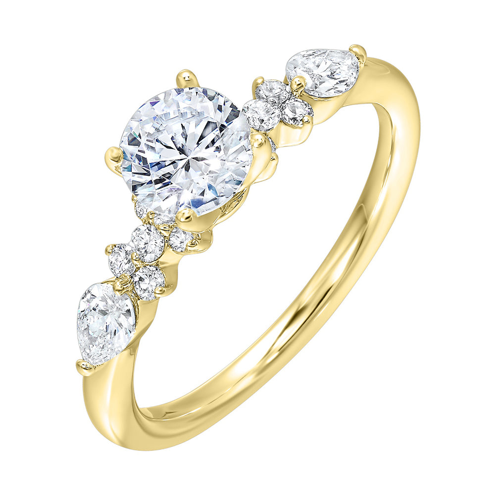 Eye-catching and glamorous,  this ring features a cluster of diamonds that surround either side of the center stone with added glitter of fancy.