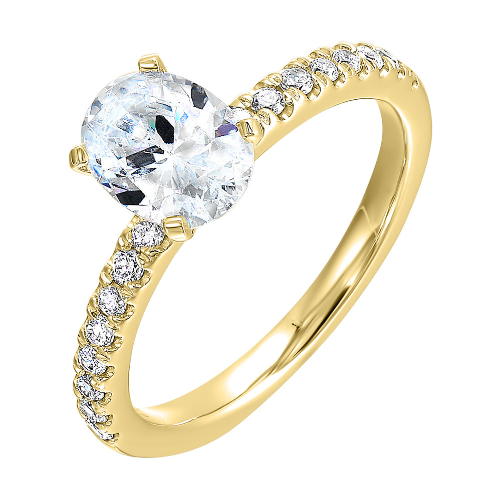 Oval center with pave set diamonds in shank makes this ring shine further.