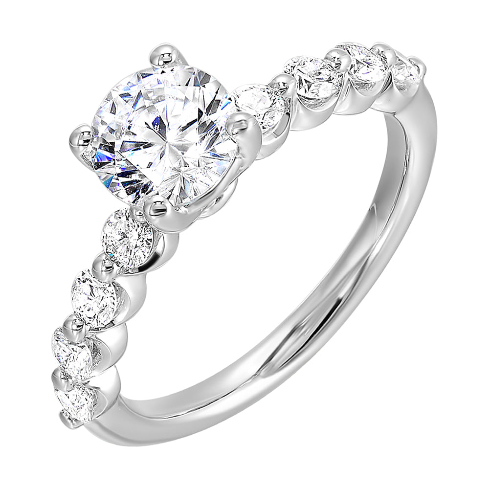 This lovely solitare ring is accented with bigger accent diamonds along the shank showcases the timeless love.