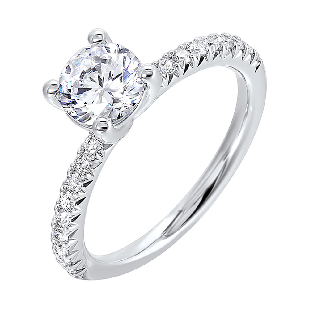 A timeless solitaire with tapered french setting highlights the center diamond adding extra dose of elegant sparkle.