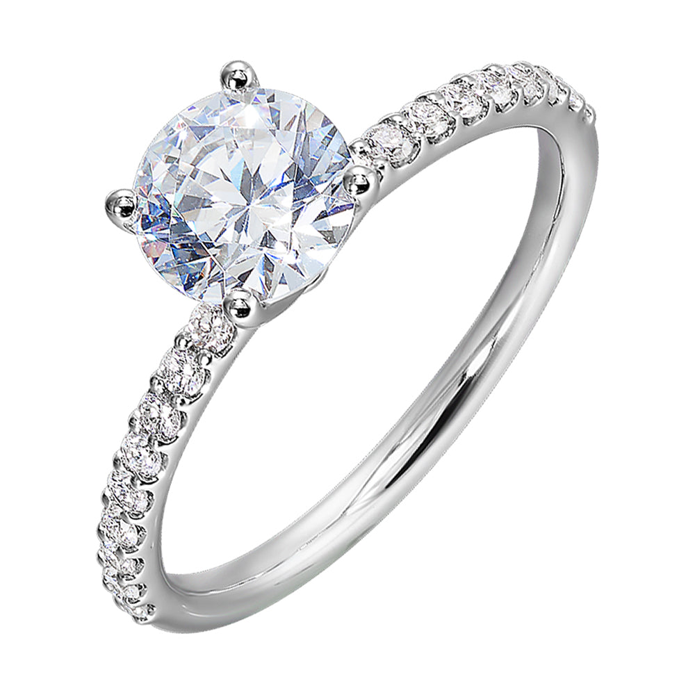 This solitaire ring boasts a dazzling micro pave on shank,  offering sparkle to this delicate design offers timless look.