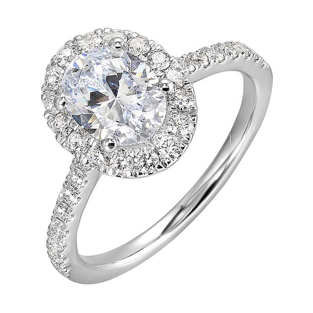 Oval solitare halo ring with sleek diamond studded shank,  this design offers a romantic look for your special moments.