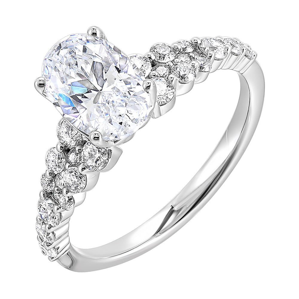 Immerse yourself in the enchanting beauty of this engagement ring highlighting the oval center and unique diamond setting in shank.