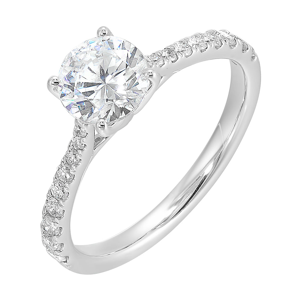 This stylish pave engagement ring features round center solitare making it a stunning choice.