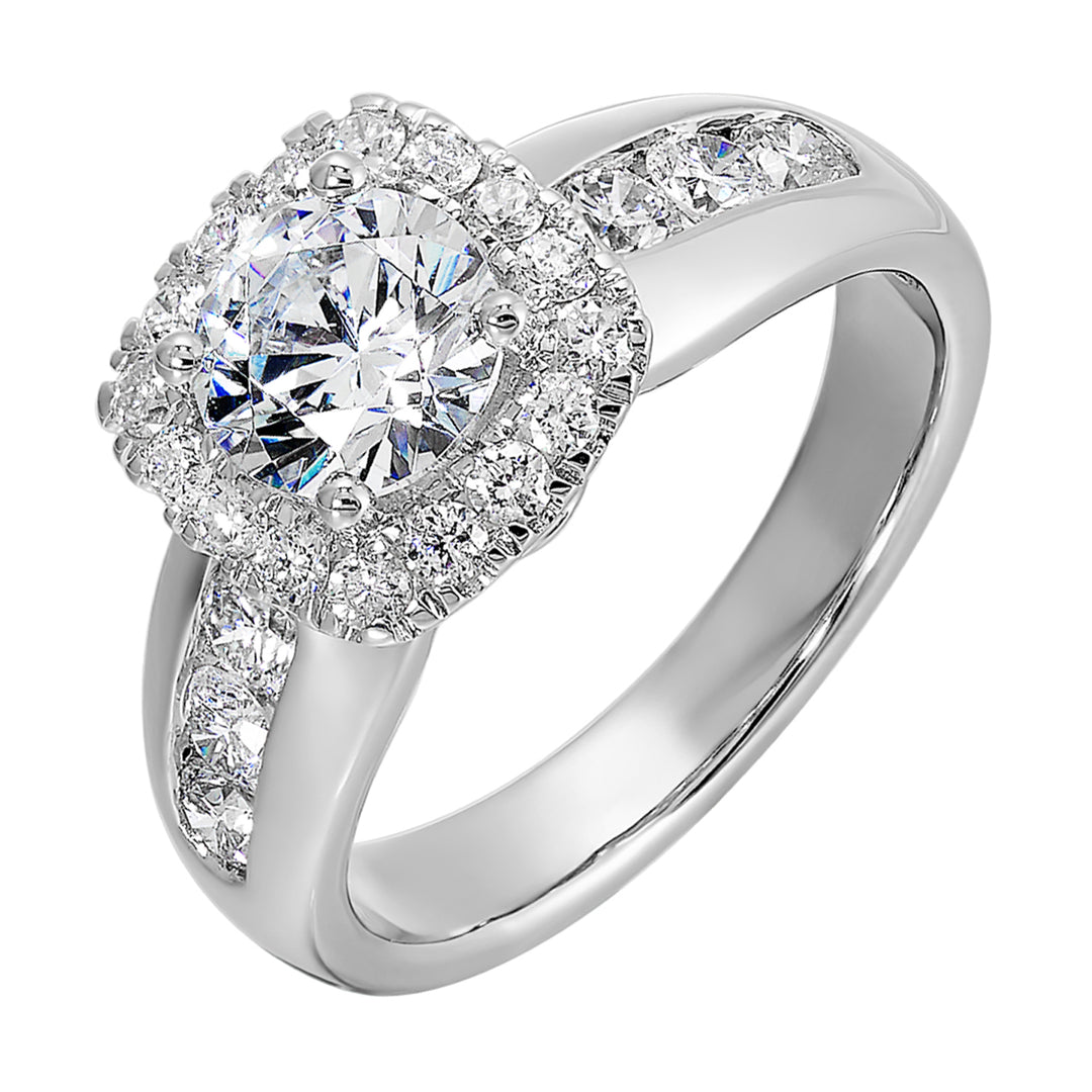 Channel set diamonds wrap this glamorous ring with an addition of cushion halo and solitare center.