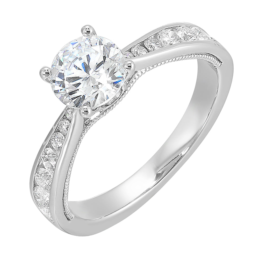 Solitaire ring complemented by pave set diamonds on pinched metallic shank with enchanting front details is sure to impress her.