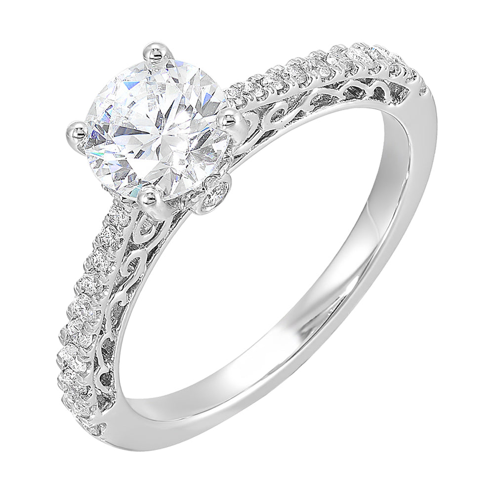 Designed with the perfect pinch on the shank,  this pave engagement ring will show off your center stone beautifully with detailed side view.