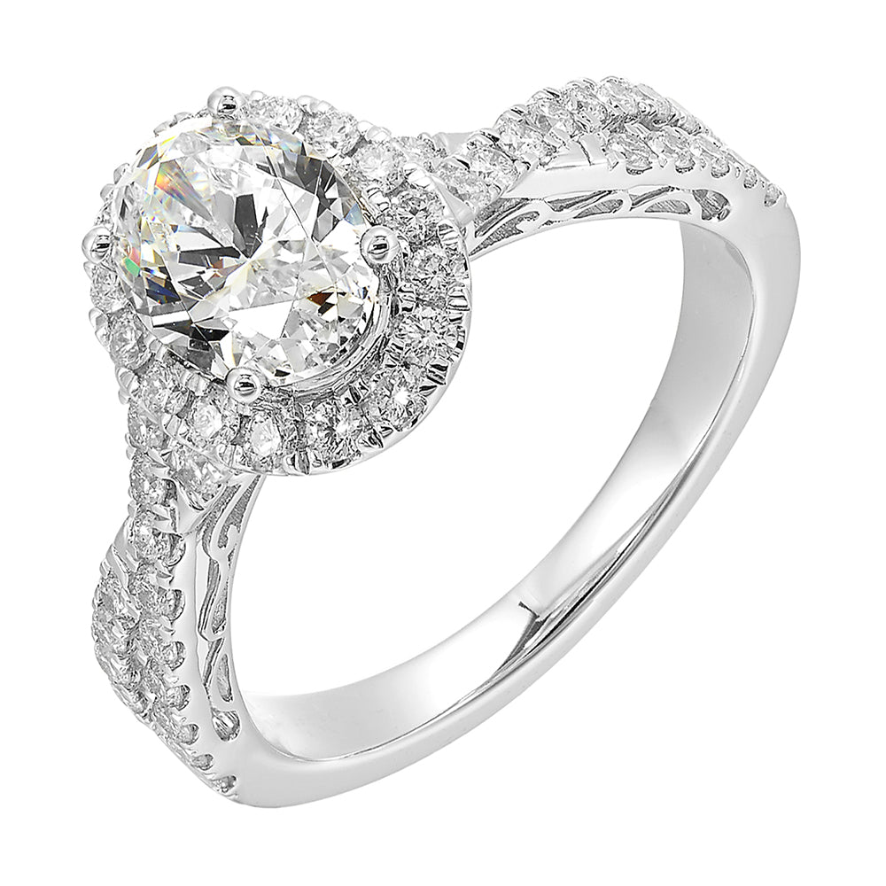 Shimmers of entwined shank with a classic halo and round center diamond is sure to delight you.