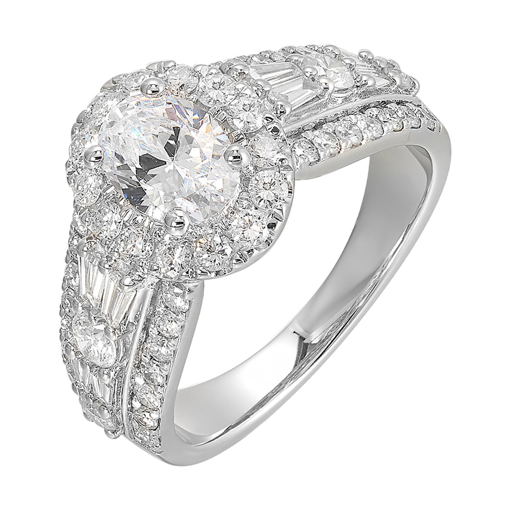 Enjoy the sparkle of this gorgeous three row engagement ring from a mile away with a combination of baugette and round diamond.