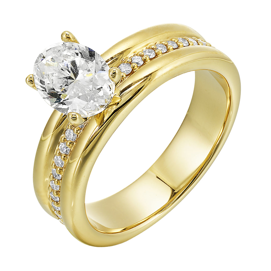 Impress the love of your life with this broad band ring. It features round diamonds set in center framed by a twin border of metal further highlighted with the oval center.