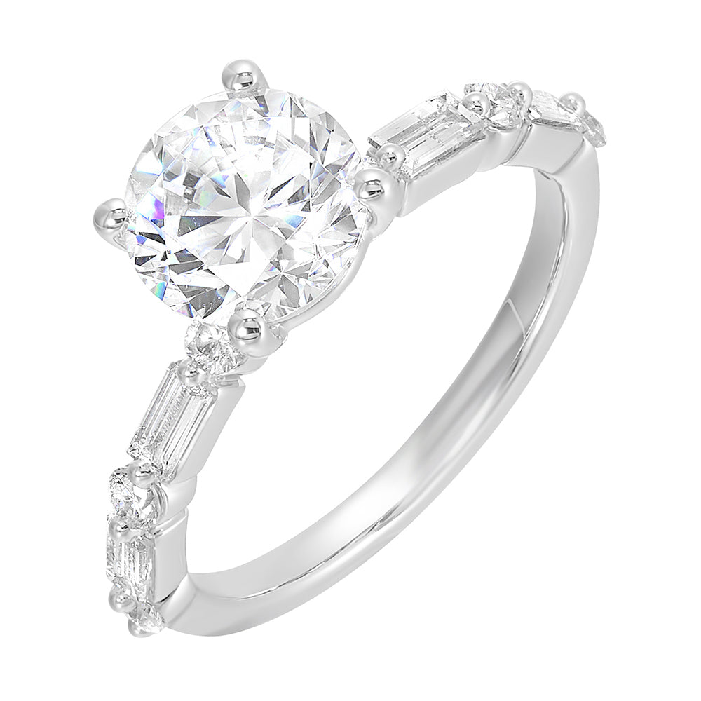 Baguette and round diamond story create a classic,  elegant presentation for the round diamond center.