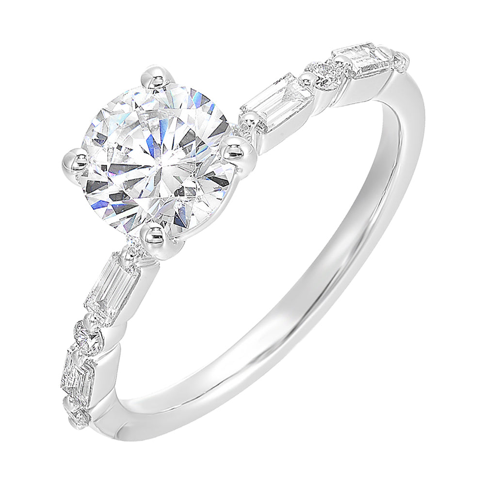 Fancy designed solitaire diamond ring with baugette and round shank details symbolizes everlasting love.