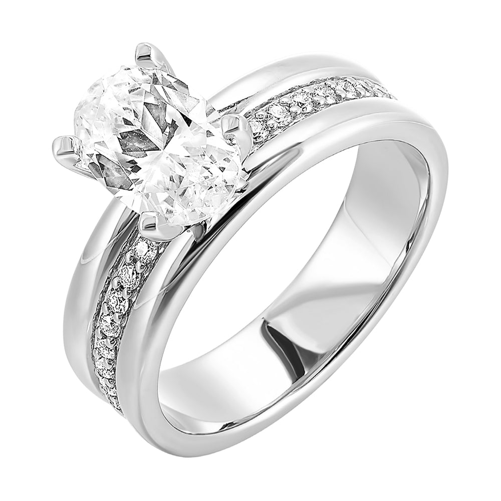 Make a luxurious presence with bold wide engagement ring. This modern engagement ring with oval center features a thick band with studded diamonds in center that makes an eye-catching statement .