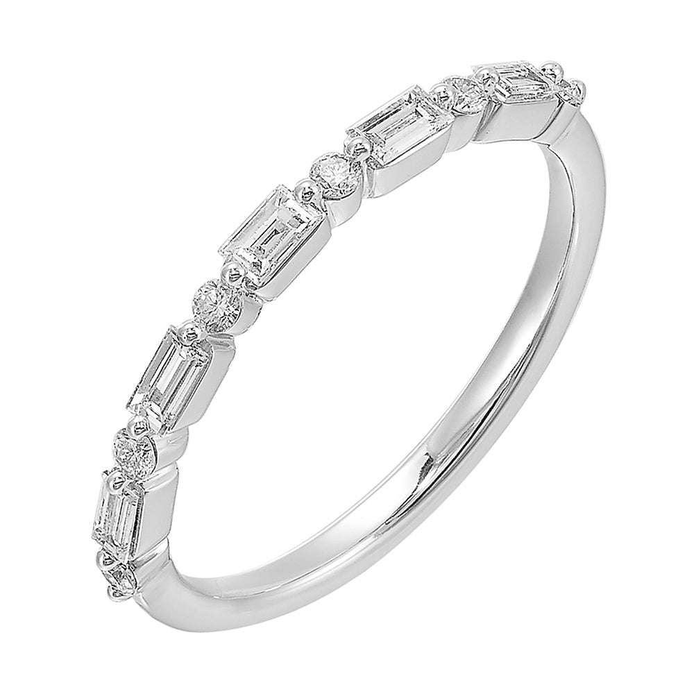 Baguettes and round diamonds dance in a dazzling duet around this band,  set half the way around with comfort fit inside.