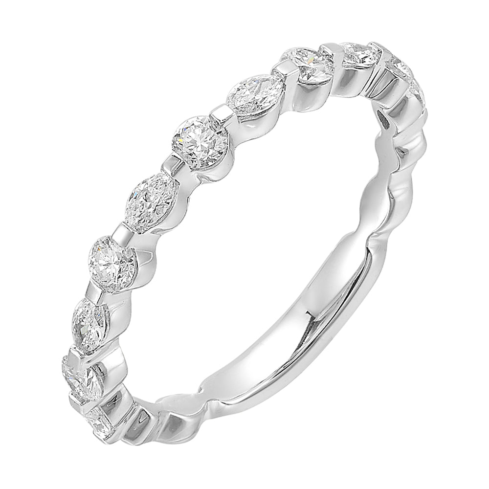 Sparkling marquise and round diamonds dance in harmony on this delicate band,  creating a unique and captivating sparkle with comfort fit inside.