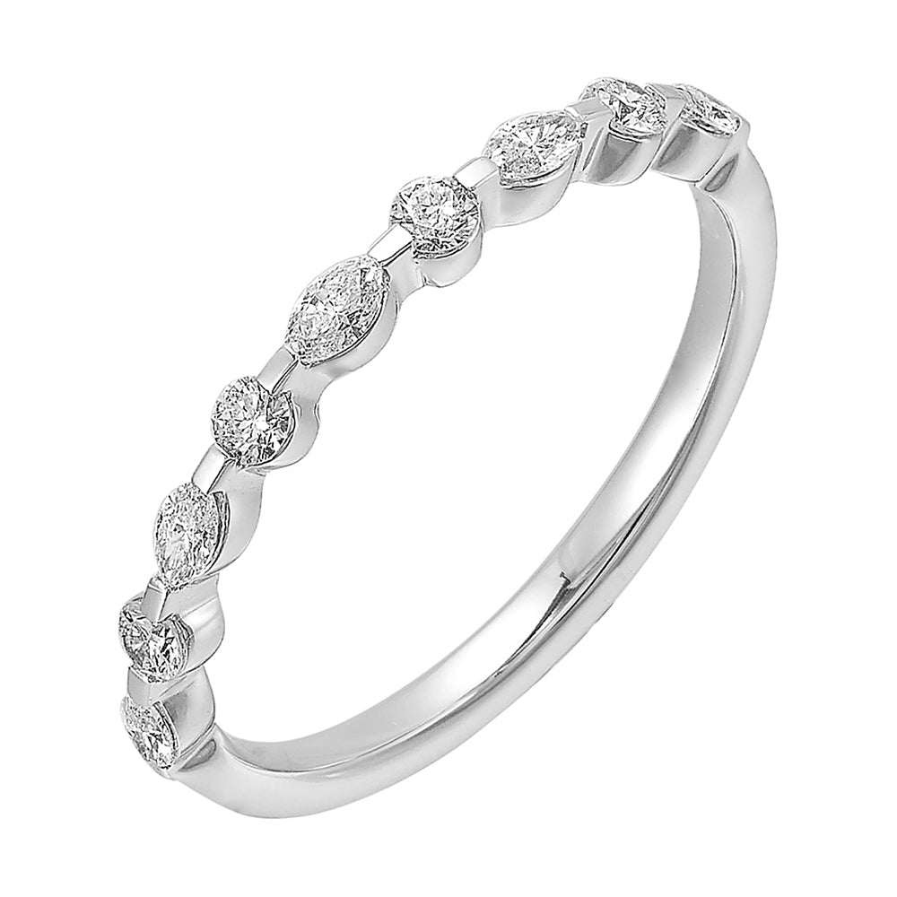 Marquise and round diamonds in alternate pattern in a captivating single prong look,  dance on this band set half way along with comfort fit inside.