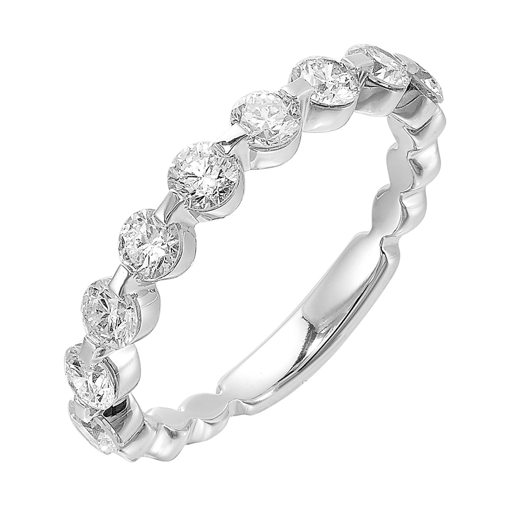 Single prong setting highlights the round diamond on the band is a perfect choice to stack with other bands or rings of your choice.