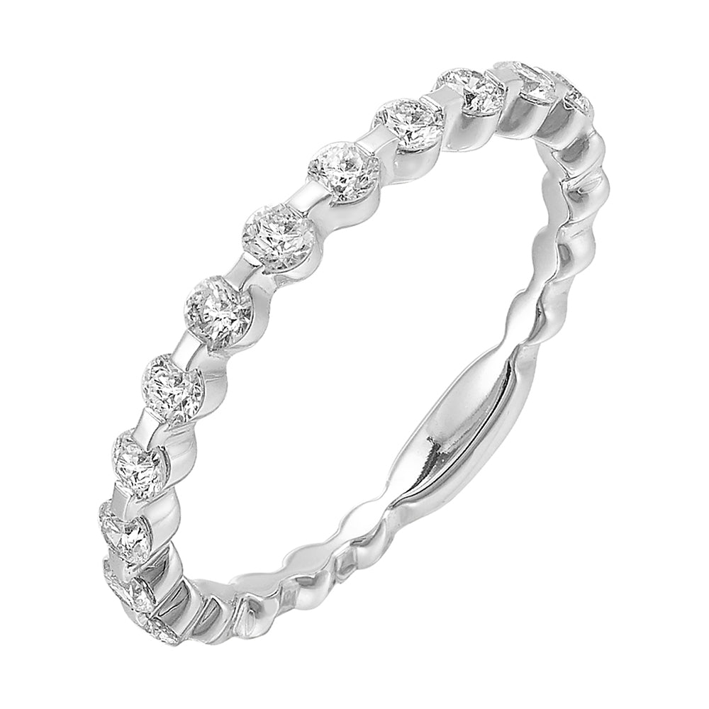 Delicate band with round diamonds set in single prong setting and a sizing bar is perfect to match with your ideal ring.