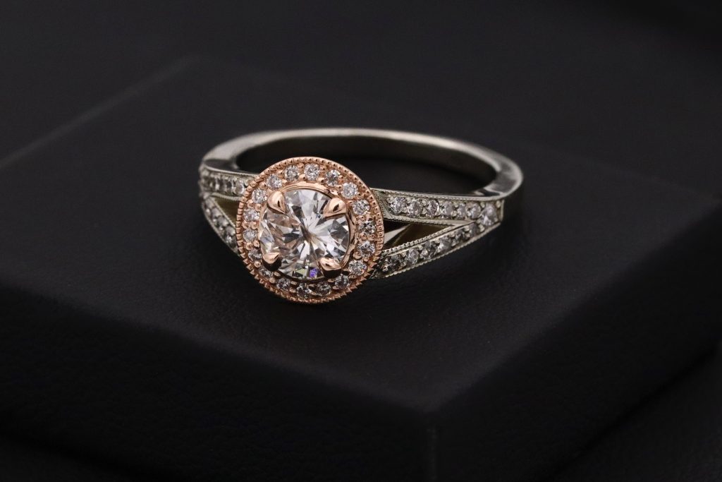 white gold and rose gold diamond engagement ring