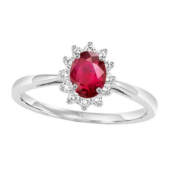 White Gold Oval Ruby Round Diamonds Ring